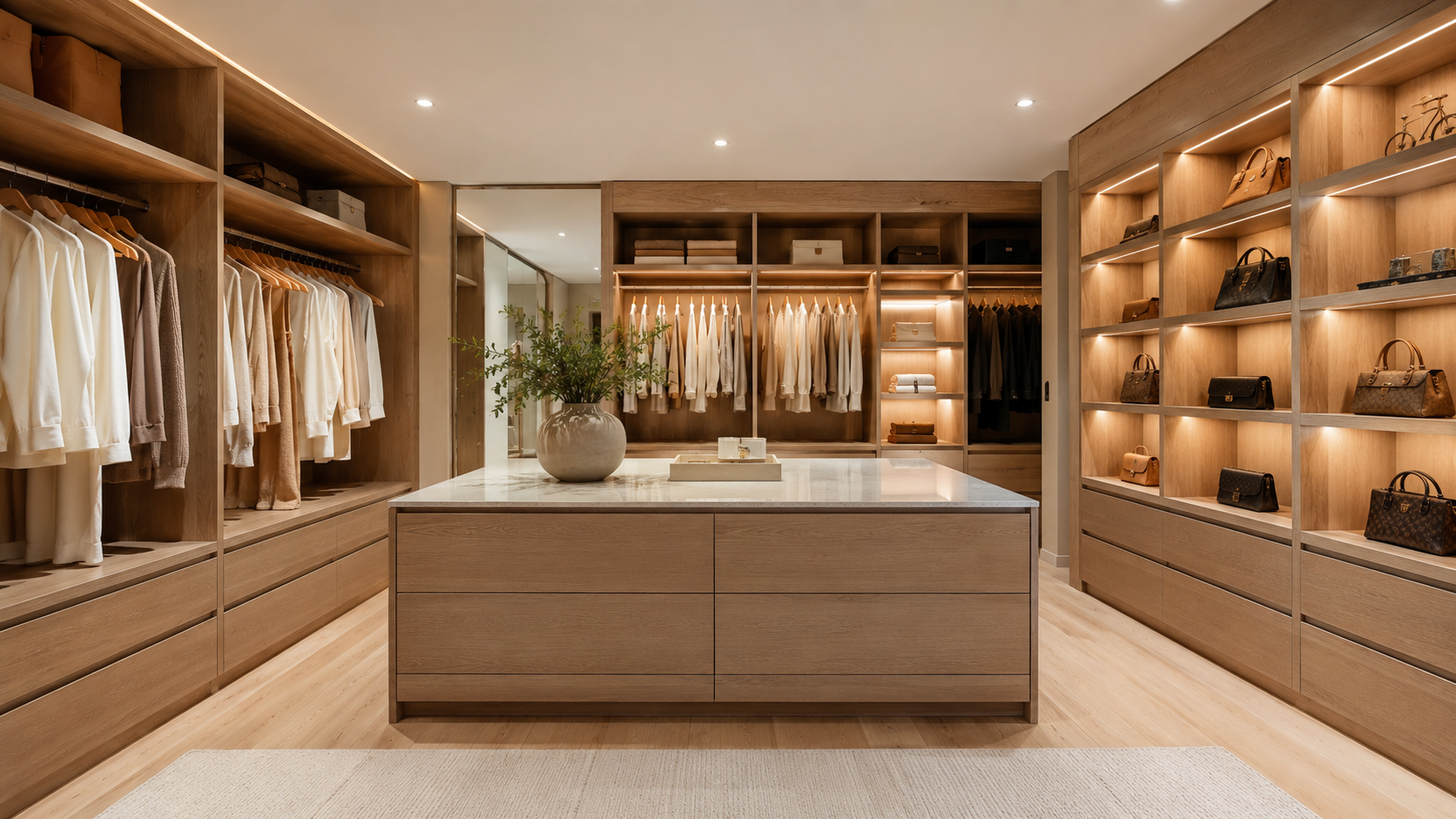 Custom walk-in robe with oak island and built-in shelving, Sunshine Cabinetry