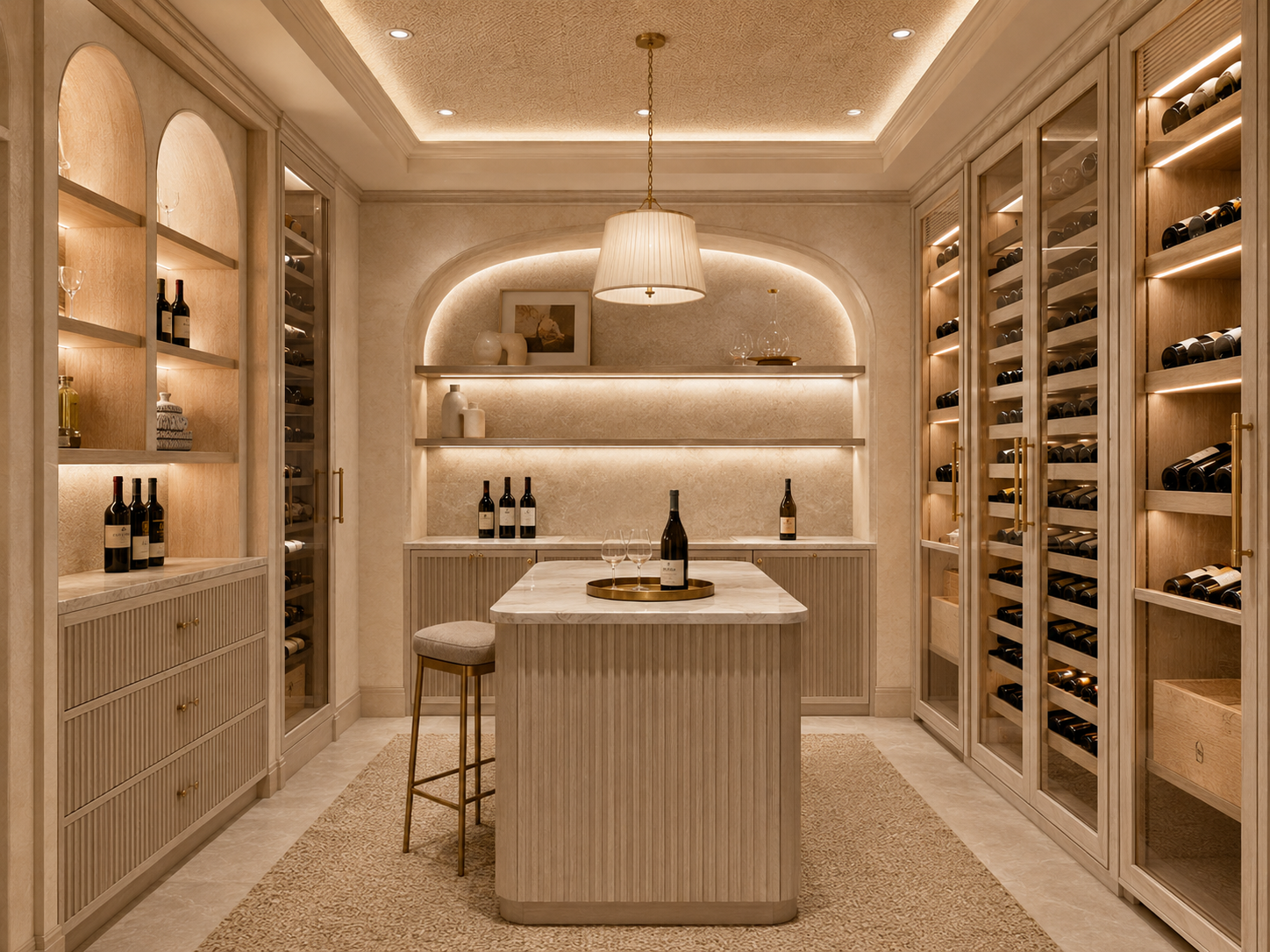 Cream wine room with island